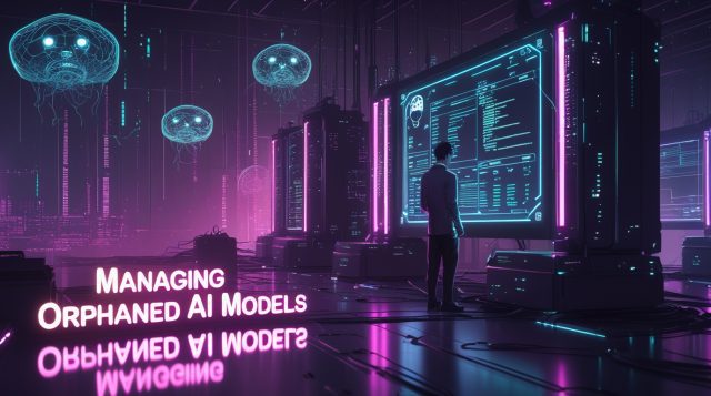 Dark cyberpunk digital illustration of a neon-lit AI server room with glowing pink and blue lights, showing decaying neural networks and a lone technician managing orphaned AI models, symbolizing neglected artificial intelligence in enterprise systems.