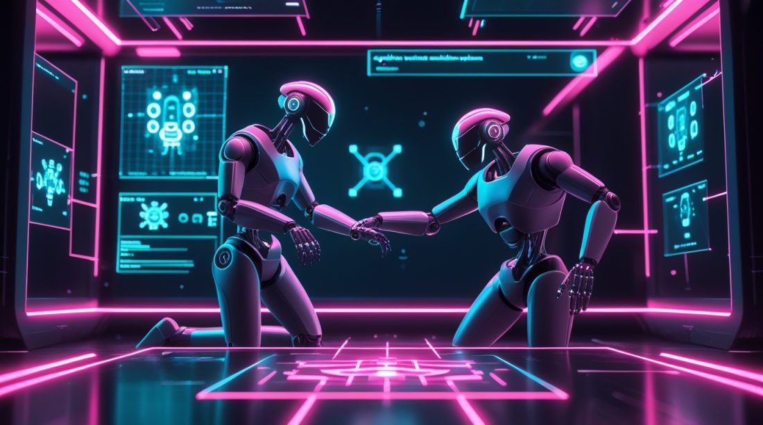 AGIBOT's open-source robotics simulation platform visualized in a dark cyberpunk environment, showing virtual robot models, holographic simulation grids, and AI-driven robotics testing interfaces in neon pink and blue tones.