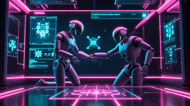 AGIBOT's open-source robotics simulation platform visualized in a dark cyberpunk environment, showing virtual robot models, holographic simulation grids, and AI-driven robotics testing interfaces in neon pink and blue tones.