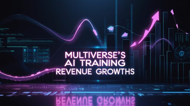 Multiverse’s AI training revenue growths visualized through futuristic cyberpunk AI data centers and rising holographic revenue graphs.
