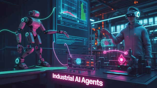Futuristic factory with industrial AI agents optimizing machinery and energy usage, featuring neon-lit robots, data streams, and digital twins in a cyberpunk manufacturing environment.