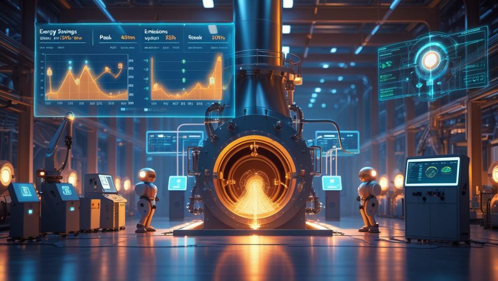 AI-powered factory floor optimizing combustion processes with real-time data analytics, robotic arms, and energy-saving dashboards for reduced emissions and improved industrial efficiency