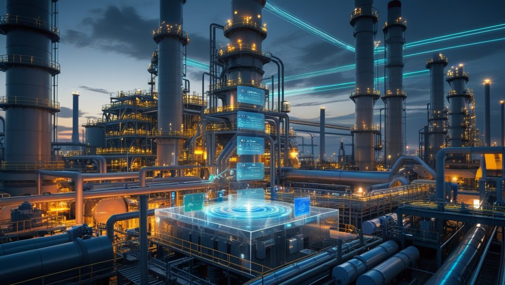 Futuristic AI-powered heavy industry facility with real-time data streams, autonomous robots, and advanced control systems optimizing chemical reactors and energy use"
