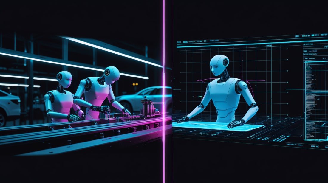 Humanoid robot paid job simulation training comparison illustration showing a humanoid robot working on an automotive assembly line on one side and a virtual simulation of the same task on the other, connected by holographic data streams representing digital twin training and real-world execution.