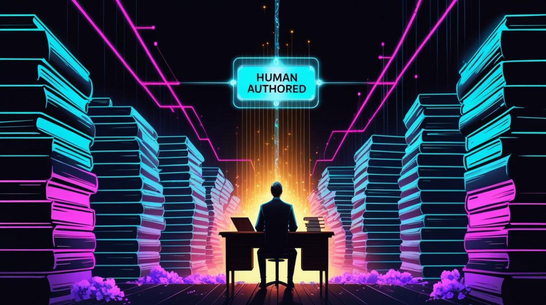 AI accelerating book publishing decline 2026 — lone human author manuscript surrounded by AI generated content flooding the knowledge market