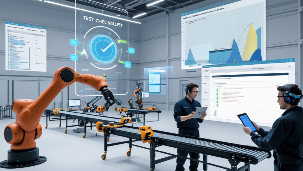 Engineers in a robotics lab reviewing a digital checklist while testing a robotic arm and conveyor system, with data visualizations showing test coverage and simulation accuracy.