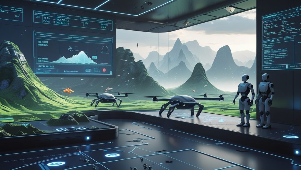 AI-driven robotics testing environment with procedurally generated terrains, dynamic obstacles, and simulated weather conditions monitored by engineers in a high-tech control room