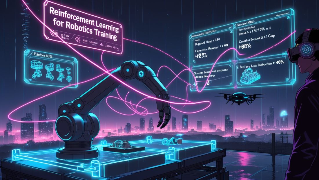 Reinforcement Learning for Robotics Training illustration showing robotic arm learning assembly tasks through simulations with holographic feedback in a futuristic AI lab, highlighting industrial automation in 2025
