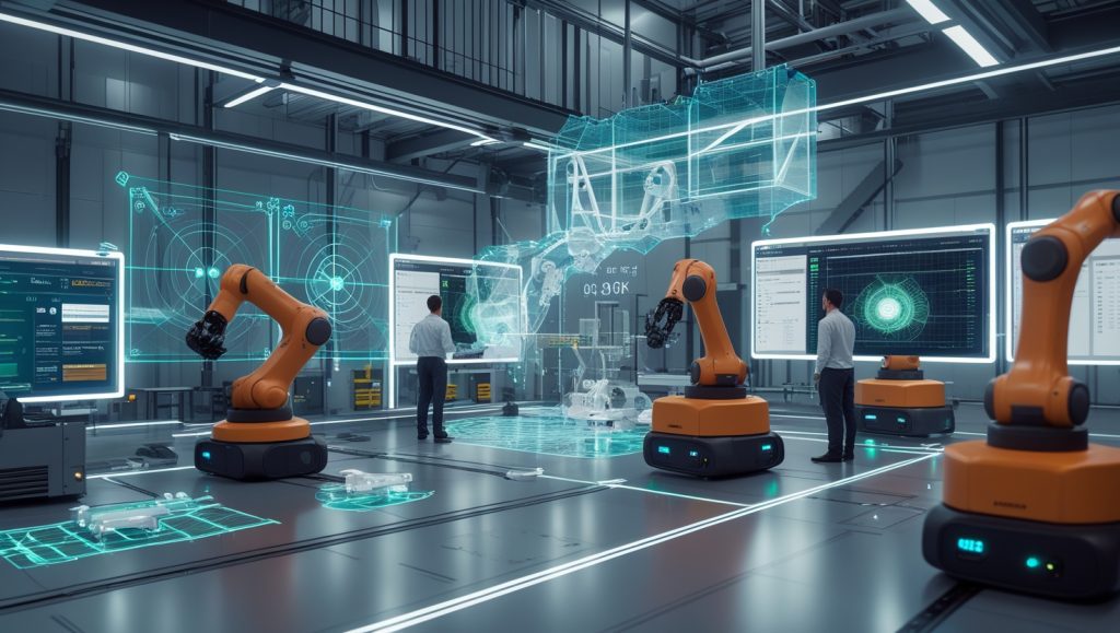 Industrial factory with autonomous robots and digital simulation overlays showing sensor mapping, AI-driven testing, and procedural content generation (PCG) in smart manufacturing environments
