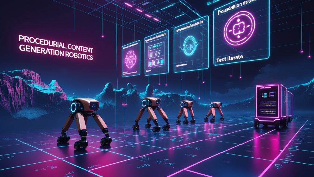 Procedural Content Generation Robotics testing facility with autonomous robots navigating dynamic terrains, neon holograms displaying AI-driven simulations and digital twins for industrial deployment in 2025