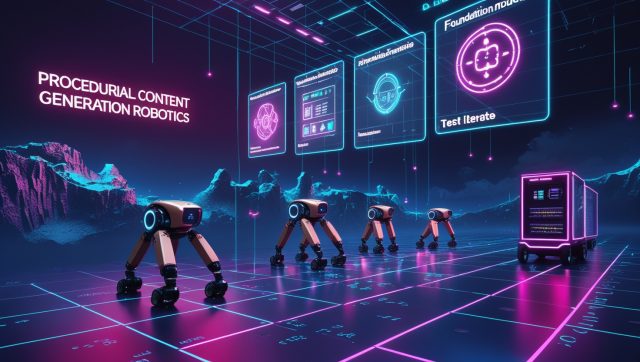 Procedural Content Generation Robotics testing facility with autonomous robots navigating dynamic terrains, neon holograms displaying AI-driven simulations and digital twins for industrial deployment in 2025