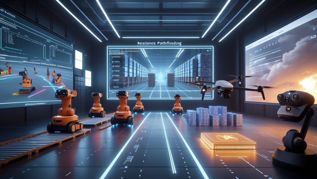 Simulated warehouse robots training with Unity ML-Agents in a virtual environment, showcasing NPC-based learning for industrial AI, with drone flight simulations and cost comparison between physical and virtual training methods