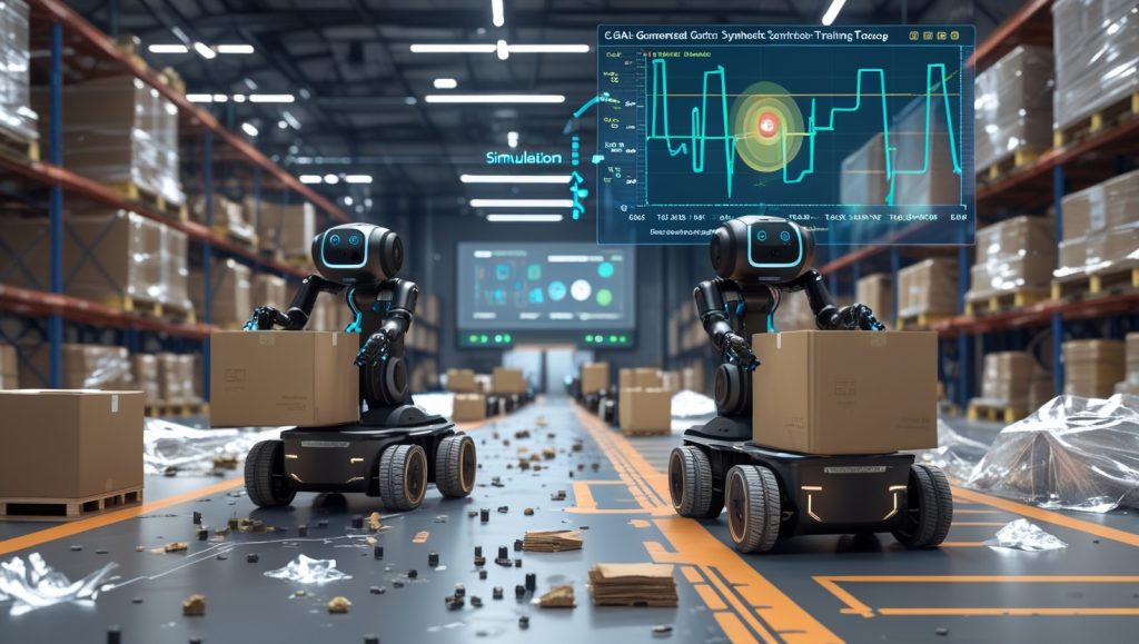 AI-powered warehouse simulation showing robots with LiDAR and thermal sensors navigating a digital and real-world factory, using Unity engine and GAN-generated training data for obstacle avoidance and logistics automation.