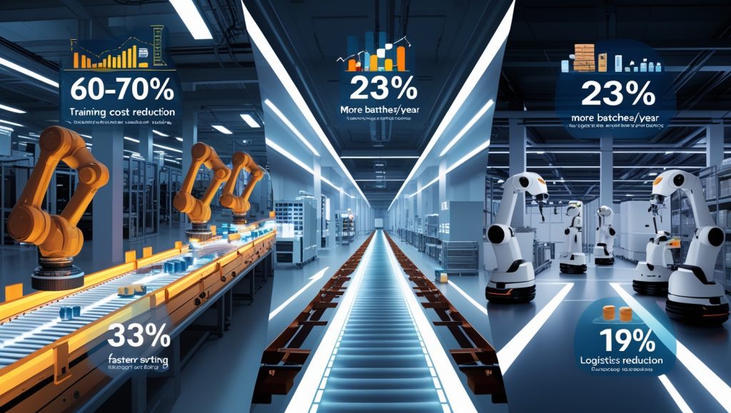 Futuristic AI-powered factory environments showing robotic automation in automotive assembly, pharmaceutical manufacturing, and logistics sorting, highlighting productivity gains and cost reductions in 2025