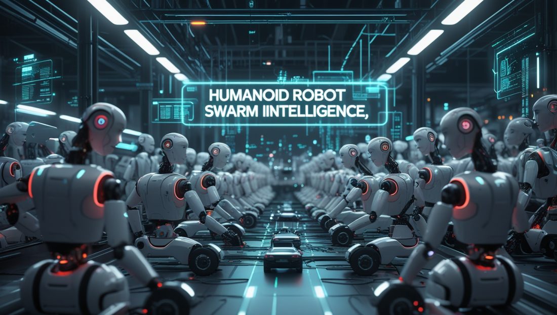 Humanoid robot swarm intelligence at work in a futuristic factory in 2025