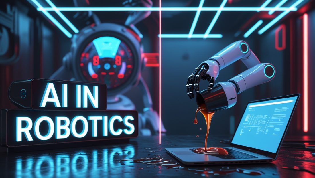A futuristic robot arm interacting with a coffee mug and laptop, symbolizing the challenges and potential of AI in Robotics in real-world applications.