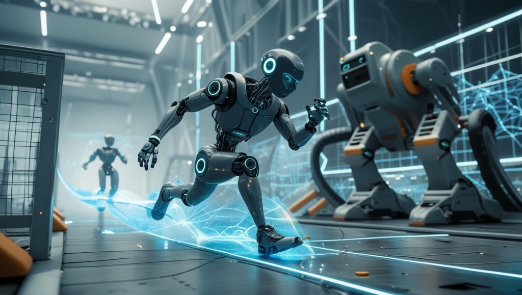 Robot navigating a cluttered obstacle course with real-time precision in a lab setting.