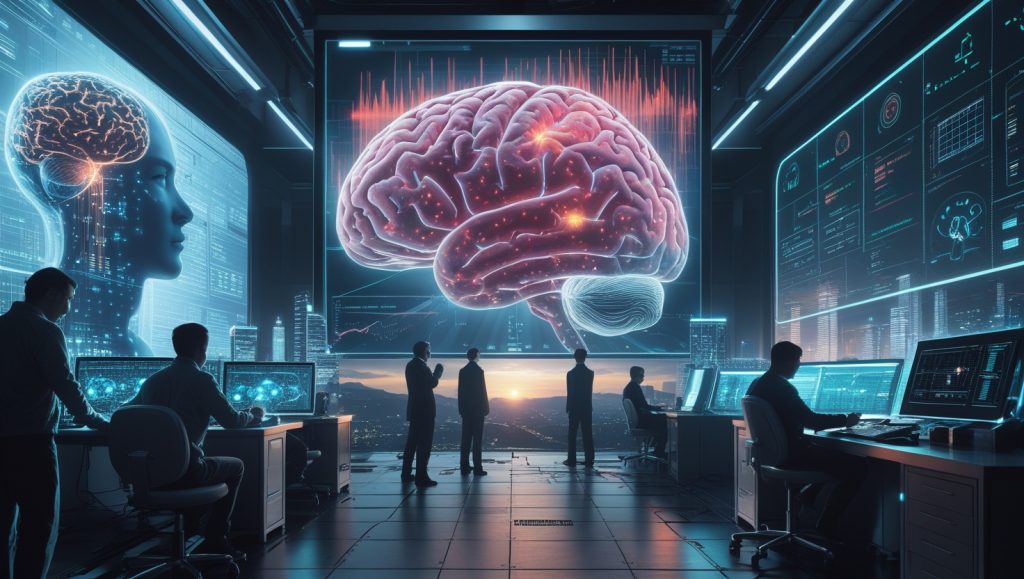 Researcher analyzing prototype hardware in a high-tech development lab