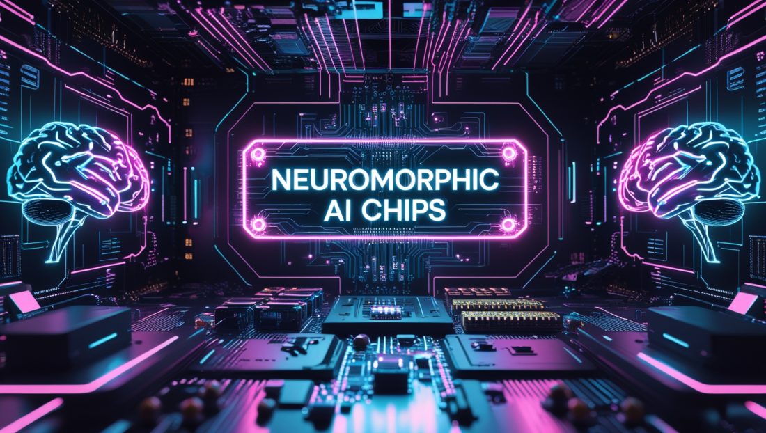 Neuromorphic AI chips powering a futuristic drone soaring through a high-tech environment in 2025