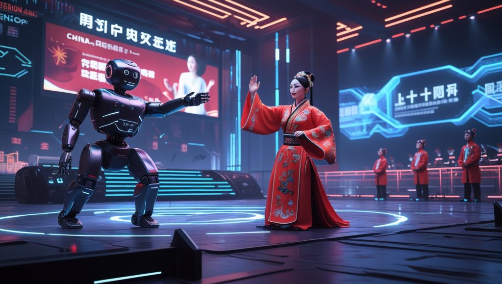 Chinese robotic Peking opera singer performing at Shanghai Expo with a backdrop of digital cultural motifs