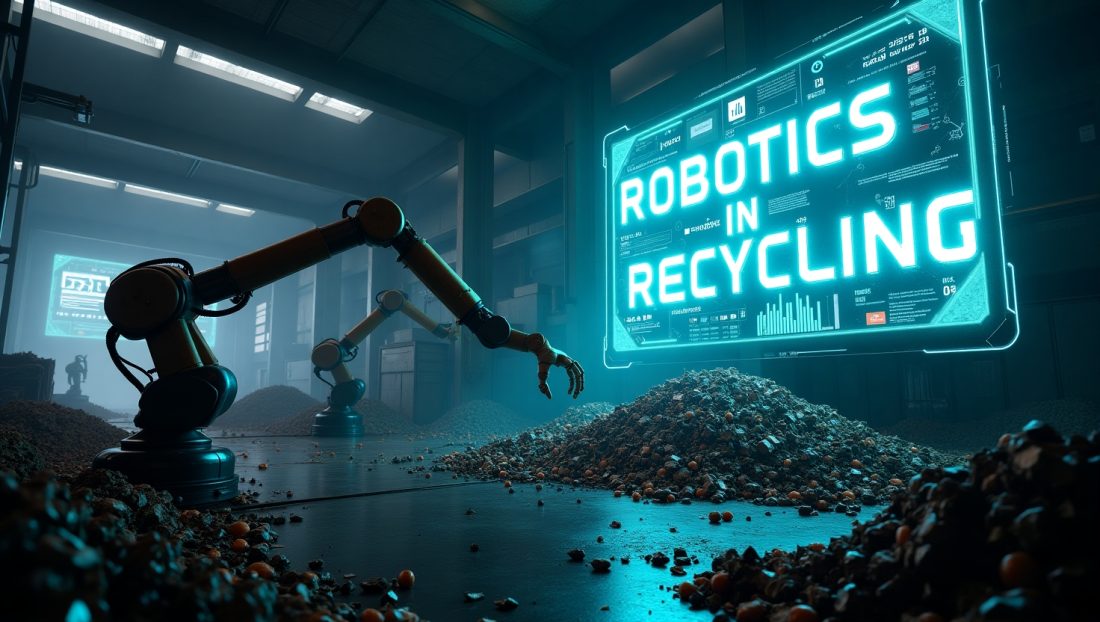 robotics in recycling AI-powered robotic arm sorting e-waste in a modern facility.