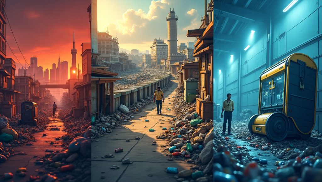 Side-by-side comparison: high-tech recycling plant vs. informal waste pickers.