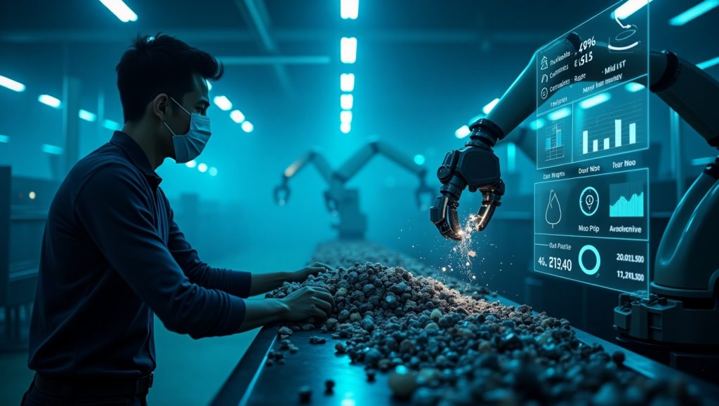 Workers sorting hazardous waste without protective gear in a dimly lit facility.