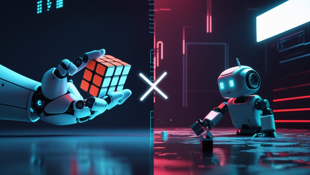 AI robot solves Rubik's Cube in simulation vs. real-world bot slipping on LEGO under sunlight, cyberpunk style.