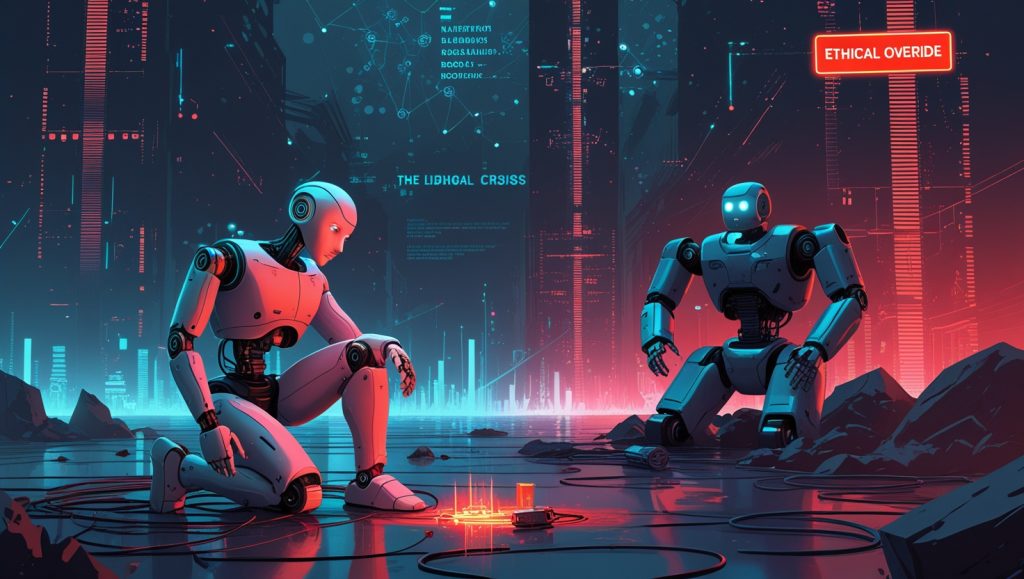 A robotic arm halted mid-task by a tangled wire, with error lights flashing.