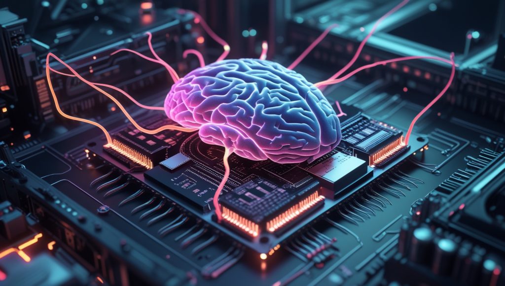 Engineer examining a cutting-edge microchip designed to mimic human brain functions.