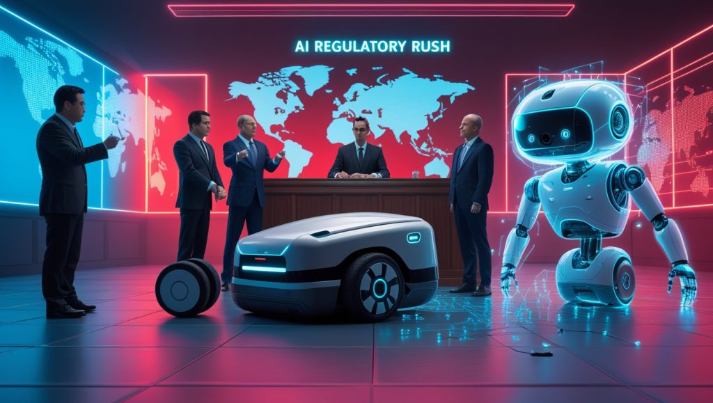 A courtroom scene with a judge reviewing blueprints of a delivery robot.