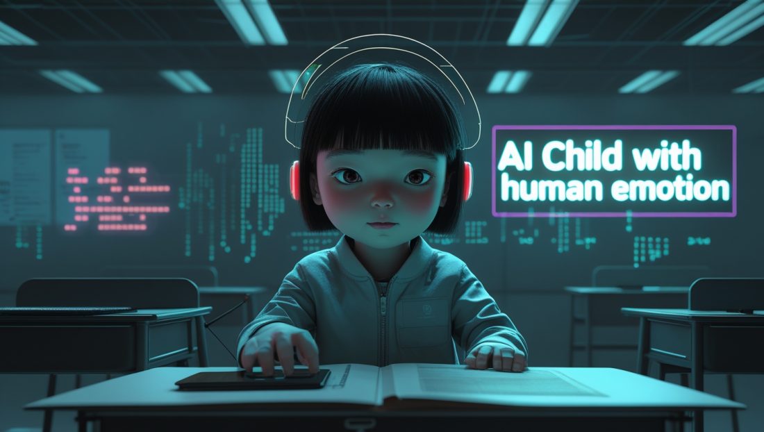 In a sleek Shanghai classroom with holographic overlays and pixelated digital effects, a young AI child with expressive, human-like features sits quietly, interacting with a virtual companion. In the background, a neon sign glows with the words 'AI Child With Human Emotions,' emphasizing the blend of advanced technology and tender human sensitivity.