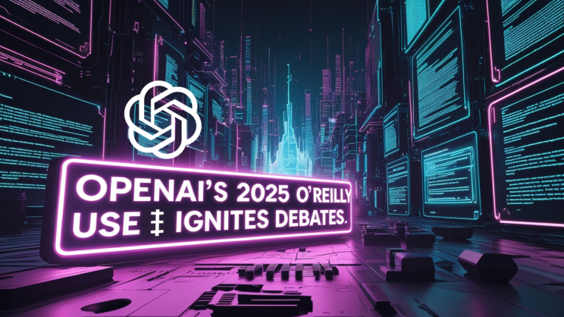 A futuristic digital illustration depicting the AI ethics debate over OpenAI’s 2025 use of O’Reilly content. The scene includes neon signs, holographic technical books, and abstract symbols of copyright and AI innovation, set in a cyberpunk cityscape with digital data streams.
