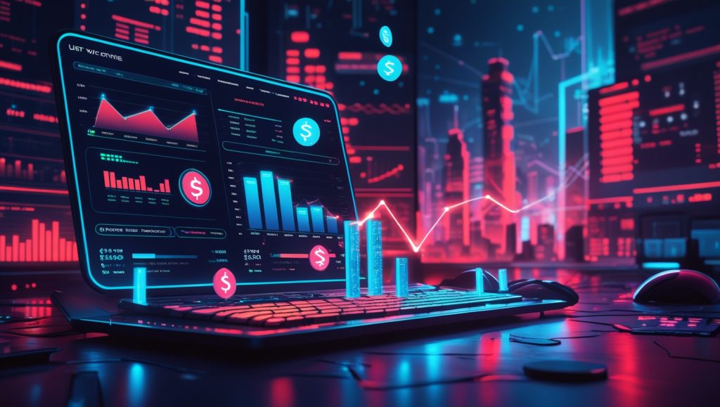 A dark, futuristic digital illustration that tells the tale of effortless wealth creation through AI-driven passive income, featuring a sleek digital control panel with animated revenue graphs and floating digital currency icons. The vibrant cyberpunk cityscape in deep blues, reds, and purples showcases glowing data streams overtaking fading traditional finance elements, symbolizing the rapid shift from old-school hustles to high-speed AI ventures.
