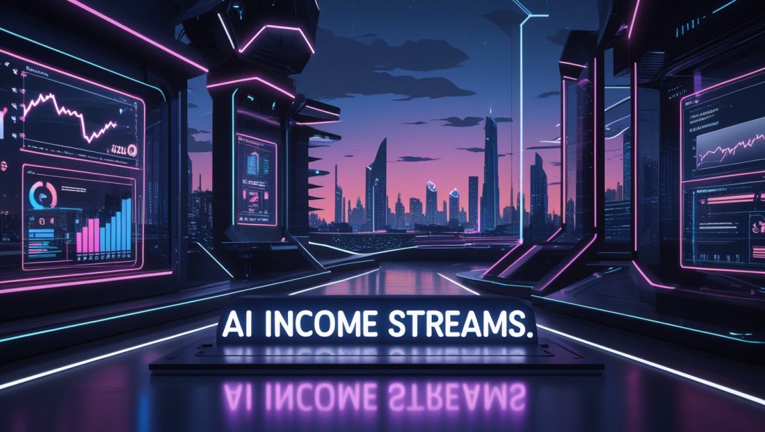 Futuristic digital illustration of AI Income Streams in a cyberpunk financial hub, with neon-lit financial data and a high-tech cityscape.