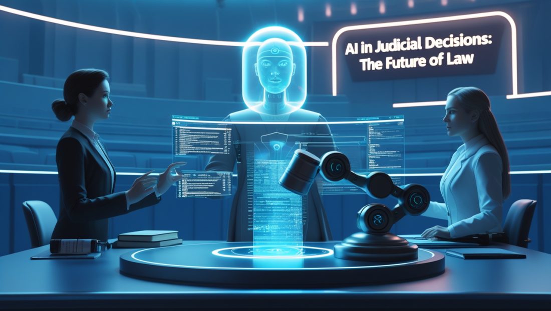 AI in judicial decisions transforming courts with a robotic hand holding a gavel beside legal documents