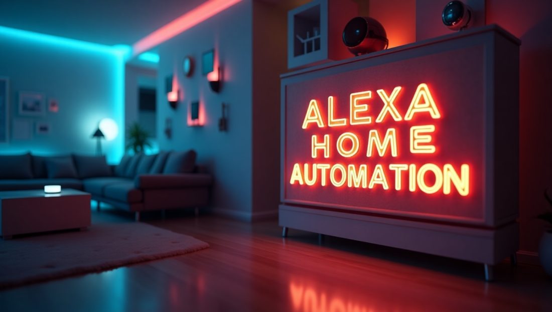 "A modern smart home setup featuring Alexa-controlled devices like smart speakers, plugs, lights, and thermostats, creating an automated and efficient living space
