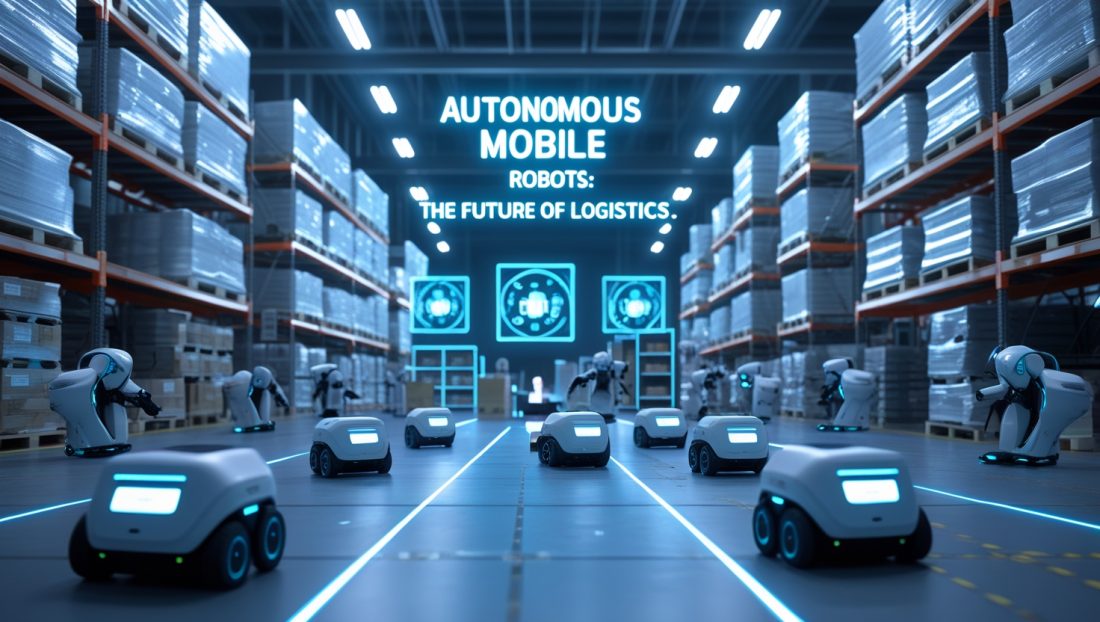 A futuristic warehouse in 2030 with Autonomous Mobile Robots (AMRs) navigating between towering shelves, illuminated by neon blue and white LED lighting. Real-time inventory data is displayed as holograms while robotic arms optimize vertical storage
