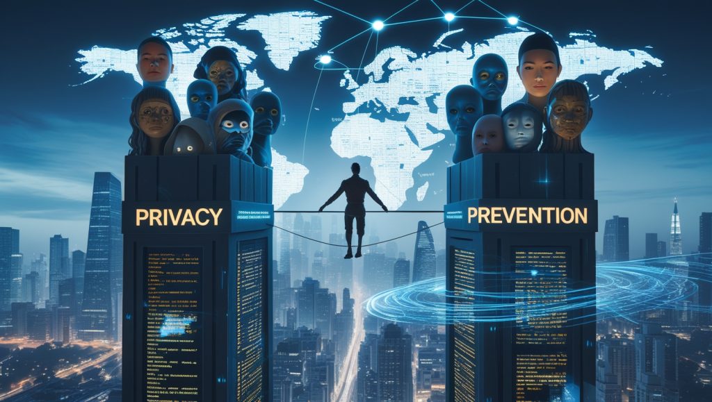 A tightrope walker balances between towering pillars labeled Privacy and Prevention above a futuristic city of glowing data streams. Beneath, silhouettes sift through exposed transcripts and map data, representing breaches and tracking. Nearby, diverse faces emerge from swirling digital code, symbolizing AI cultural bias. In the sky, a glowing map links the EU, Thailand, and California, representing evolving AI regulations