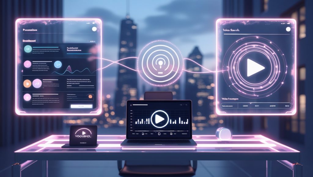 Futuristic workspace with holographic panels showing AI-powered content personalization, voice search waveforms, and video strategy thumbnails. A laptop displays analytics charts, symbolizing 2025 digital strategy trends like SEO automation, voice optimization, and video integration.