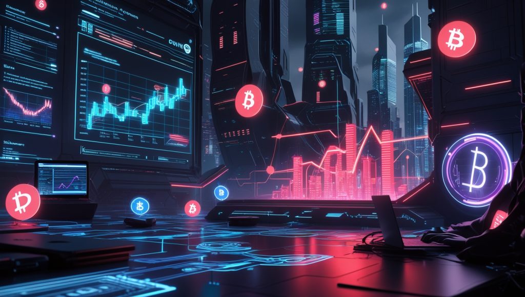 A cyberpunk-inspired digital scene showcasing AI-powered income streams. Neon-lit holographic financial graphs, futuristic devices, and digital currency symbols float in a high-tech environment. The image represents innovation, automation, and scalable wealth-building in the AI era