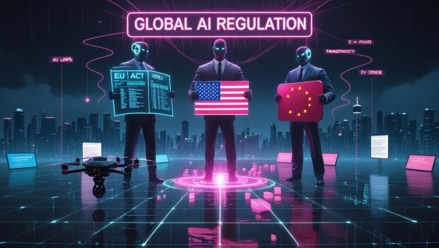 Illustration of global AI regulation divide in 2025 showing EU, U.S., and China frameworks clashing over ethics, innovation, and control with holographic Earth, AI surveillance, and digital policy icons in a neon cyberpunk city.