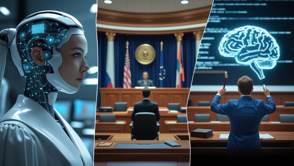 a gleaming metropolis where AI judges hum with efficiency