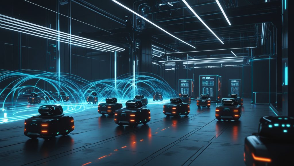 A futuristic warehouse with Autonomous Mobile Robots (AMRs) using AI-driven swarm intelligence, 5G communication, and sustainable power systems to optimize logistics