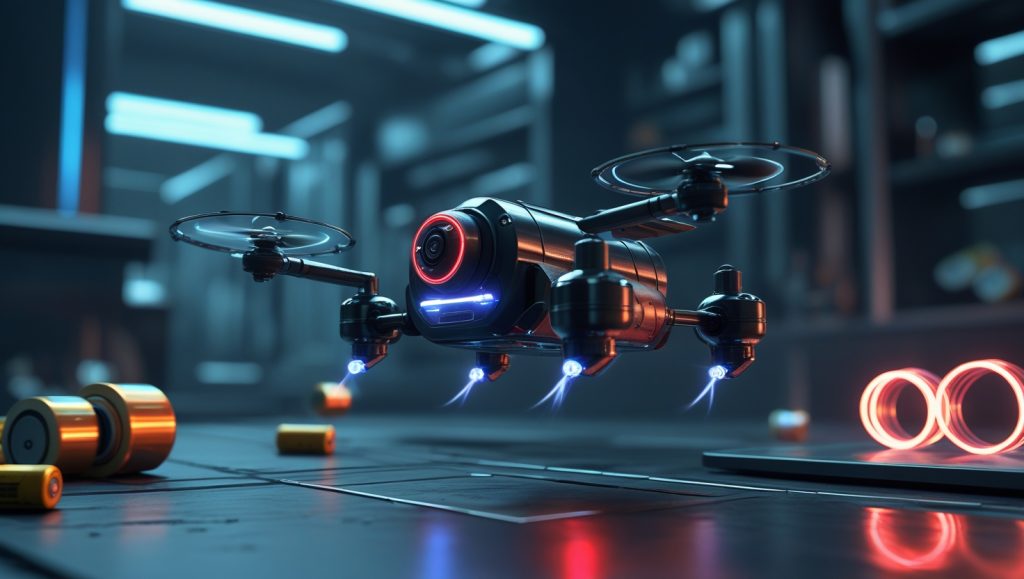 A futuristic digital illustration depicting a sleek, compact miniature robot in flight, powered by magnetic fields in a cyberpunk laboratory setting. The image contrasts traditional battery-powered drone limitations with hints of discarded batteries in the background, highlighted by neon blue and red tones. This visual represents the breakthrough of magnetic propulsion robotics and the significance of miniaturization in overcoming critical technological challenges.