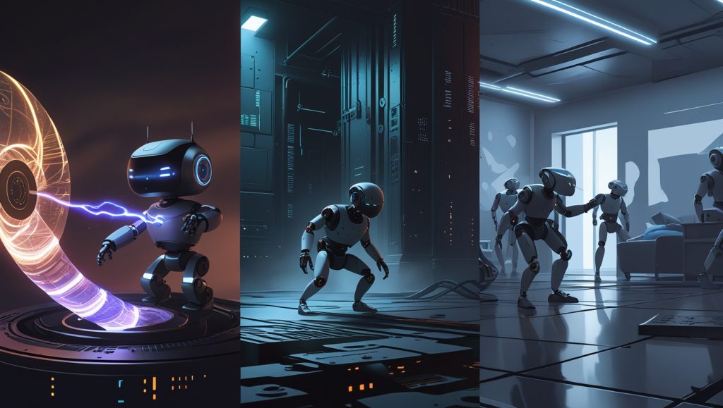 A futuristic digital illustration in a dark, cyberpunk palette, telling a tale through three blended panels. The left panel shows a miniature robot harnessing ambient energy from glowing magnetic fields and piezoelectric panels; the central panel features a sleek, stealthy magnetic micro-robot on covert surveillance in a shadowy setting; and the right panel depicts a swarm of agile robots assembling furniture and painting walls. The image has mystical lighting and smooth transitions, evoking a narrative journey into the future of magnetic robotics.