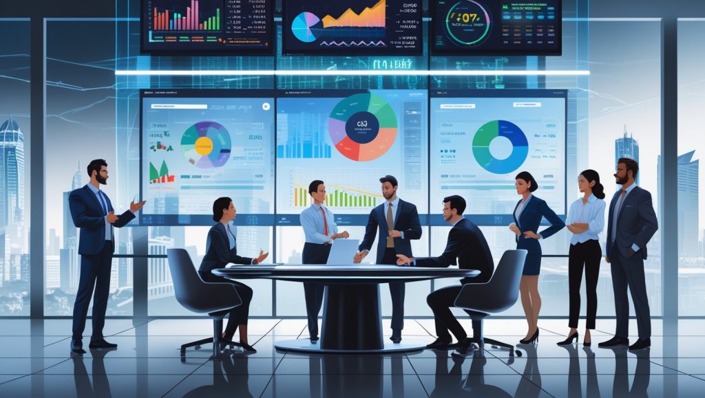 A modern, human-centered digital illustration of a diverse group of professionals collaborating in a high-tech workspace, with transparent screens displaying vibrant data analytics and financial charts, symbolizing the decisive power of data-driven AI income streams and a forward-looking future.