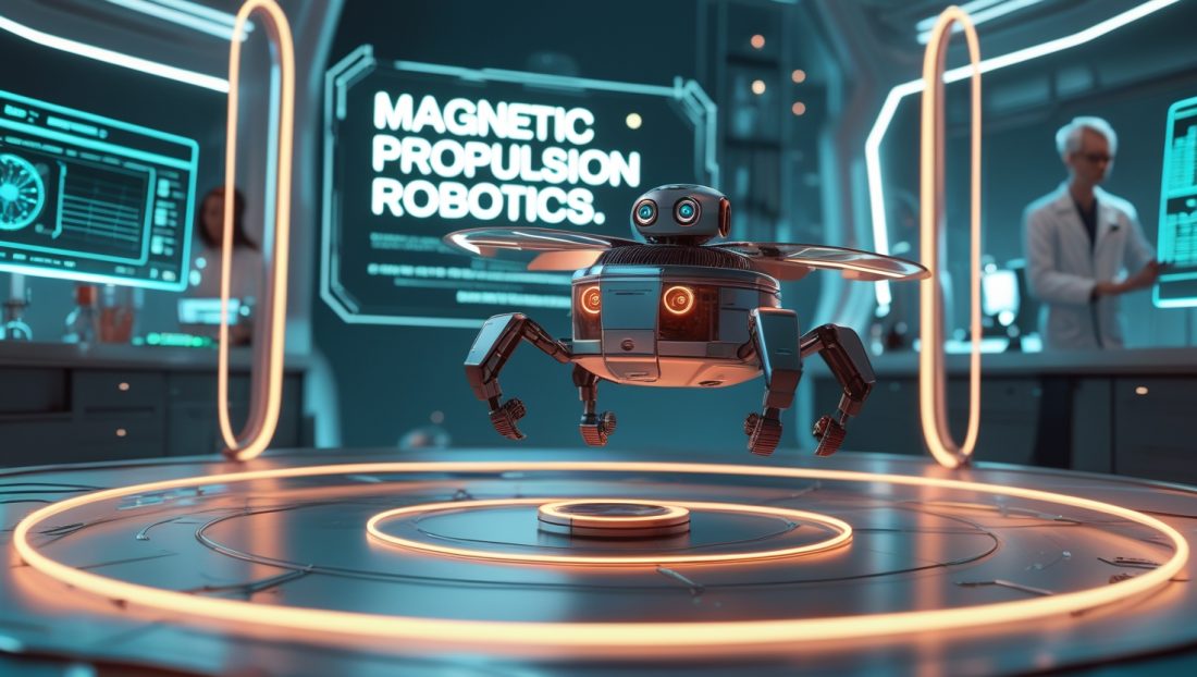 A high-tech, futuristic digital illustration showing a miniature flying robot levitating using magnetic fields, with no visible wires or power source. The robot is mid-air inside a sleek laboratory environment, surrounded by glowing magnetic coils that create an ethereal field. In the background, a holographic display or neon sign prominently shows the text 'Magnetic Propulsion Robotics – Breakthrough Flight in 2025.' Scientists in the background monitor data on digital screens, emphasizing the advanced, battery-free design and magnetic propulsion in action. The scene features cyberpunk lighting, clean metallic textures, and a visionary tone.