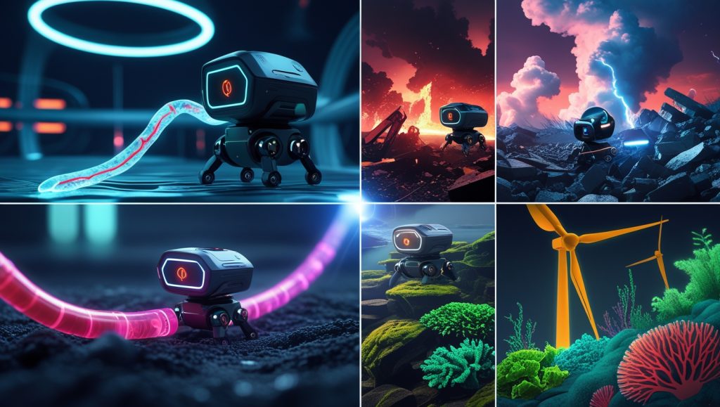 Futuristic collage showing medical micro-robot in artery, disaster rescue robot in rubble, industrial inspection robot, and environmental monitoring robots — all using magnetic propulsion robotics in real-world scenarios