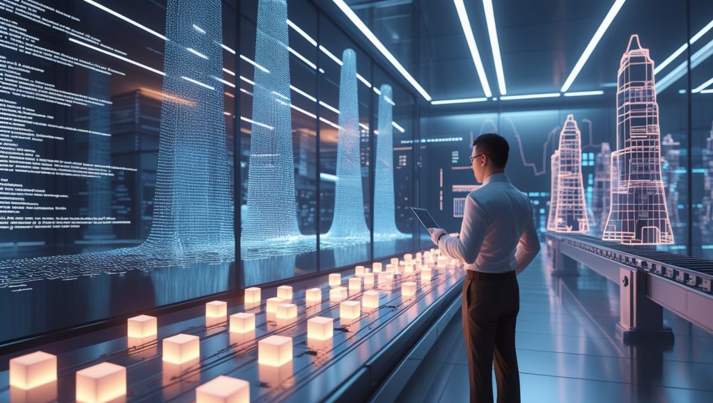 Futuristic compliance center with transparent screens displaying parsed legal texts via AI, a secure network representing federated learning across industries, and a blockchain ledger tracking shipments. An operator monitors predictive dashboards in a high-tech, AI-driven environment